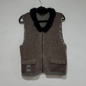 KD Spring Vintage Bird Vest with Genuine Rabbit Fur Collar Size M